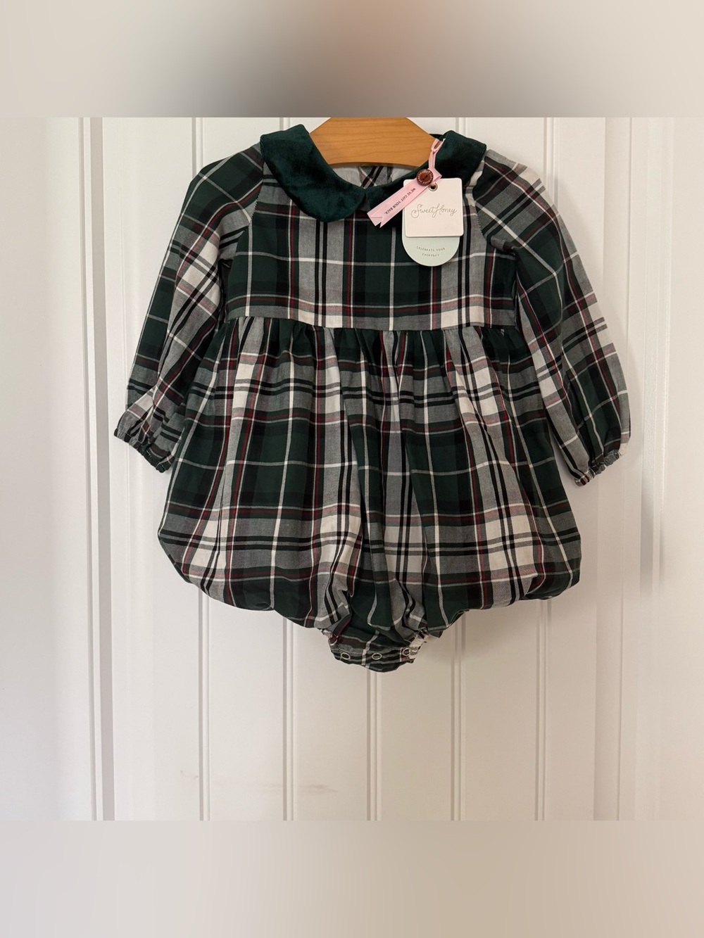 NWT Sweet Honey Plaid Bubble Romper w/ Velvet Collar Size 2T Holiday Boutique
